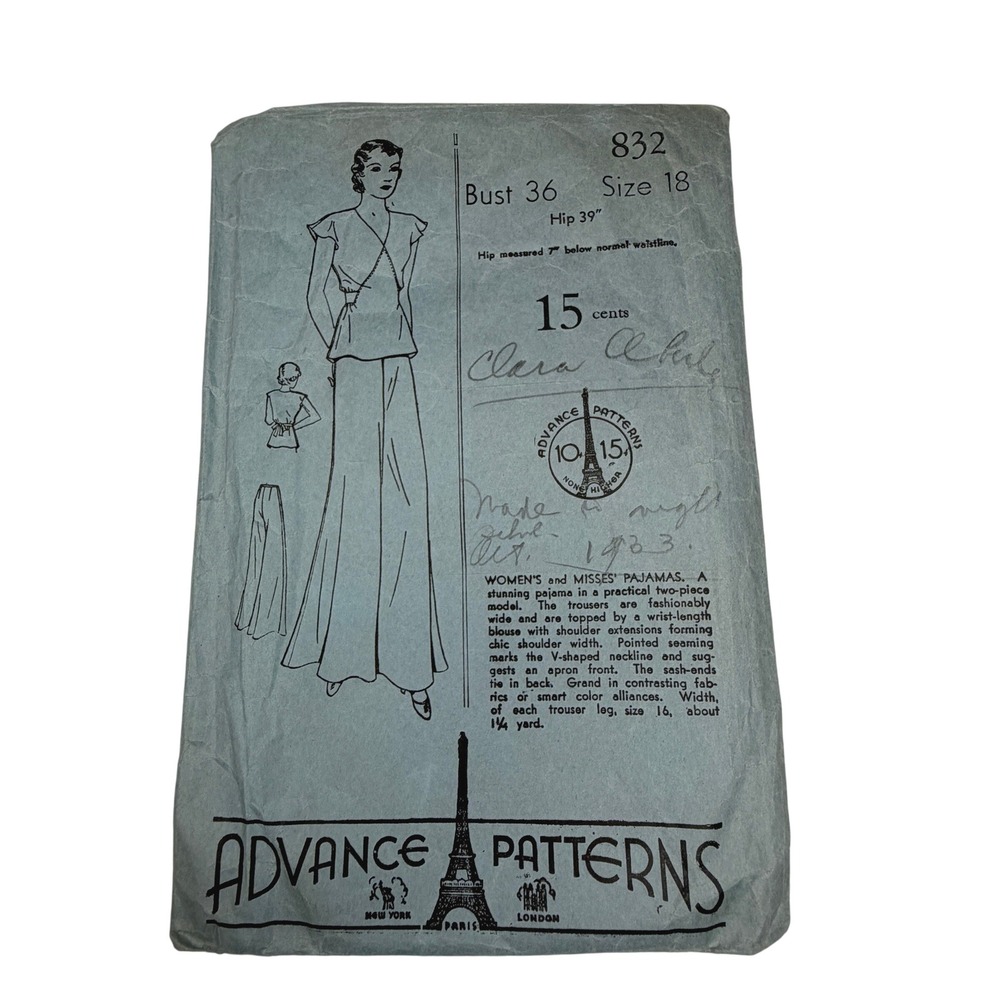 Vintage 1930s Advance Sewing Pattern 832 Pajamas Size 18 Cut - Fair Condition